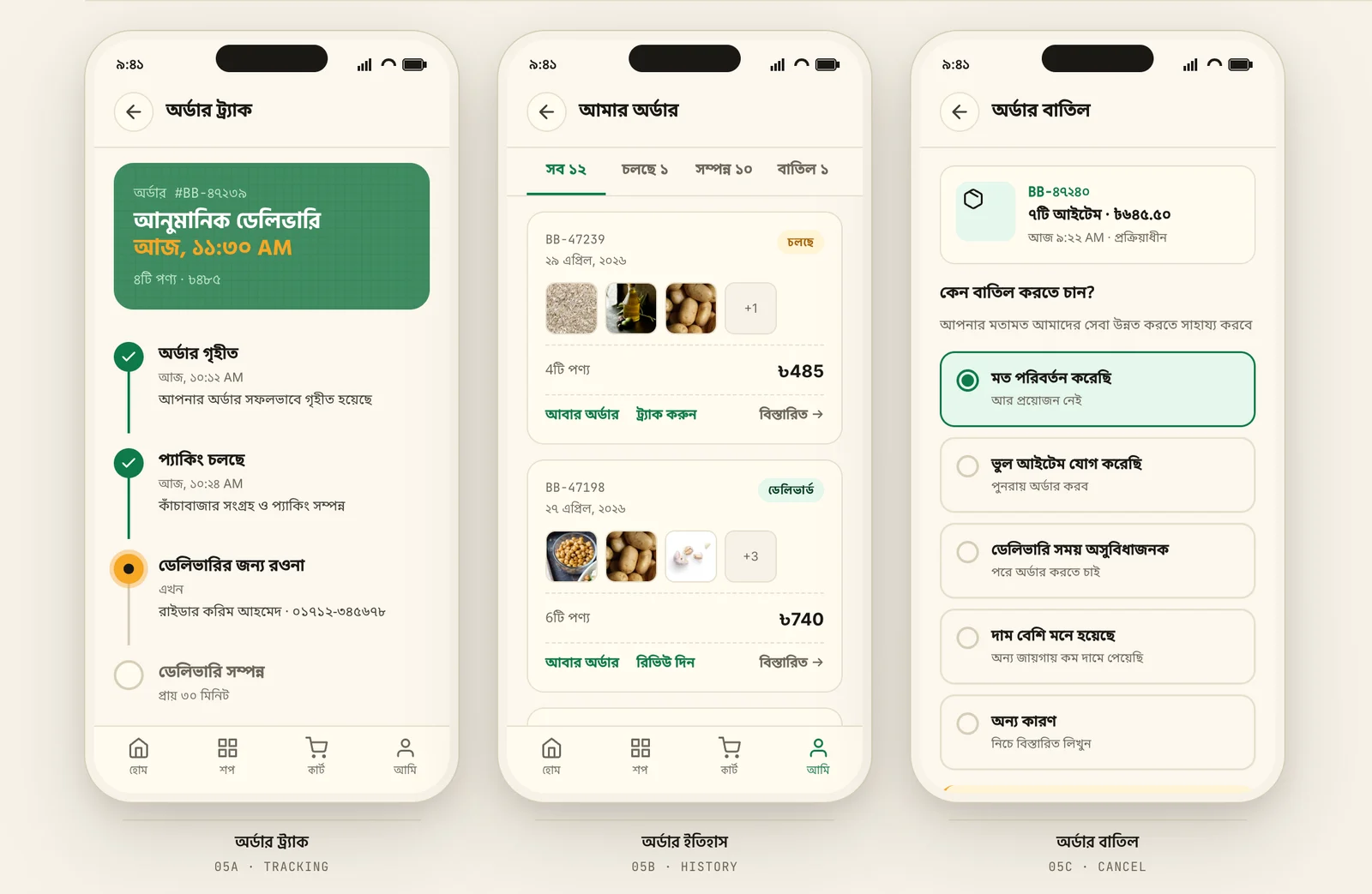 Order tracking, order history and cancellation screens