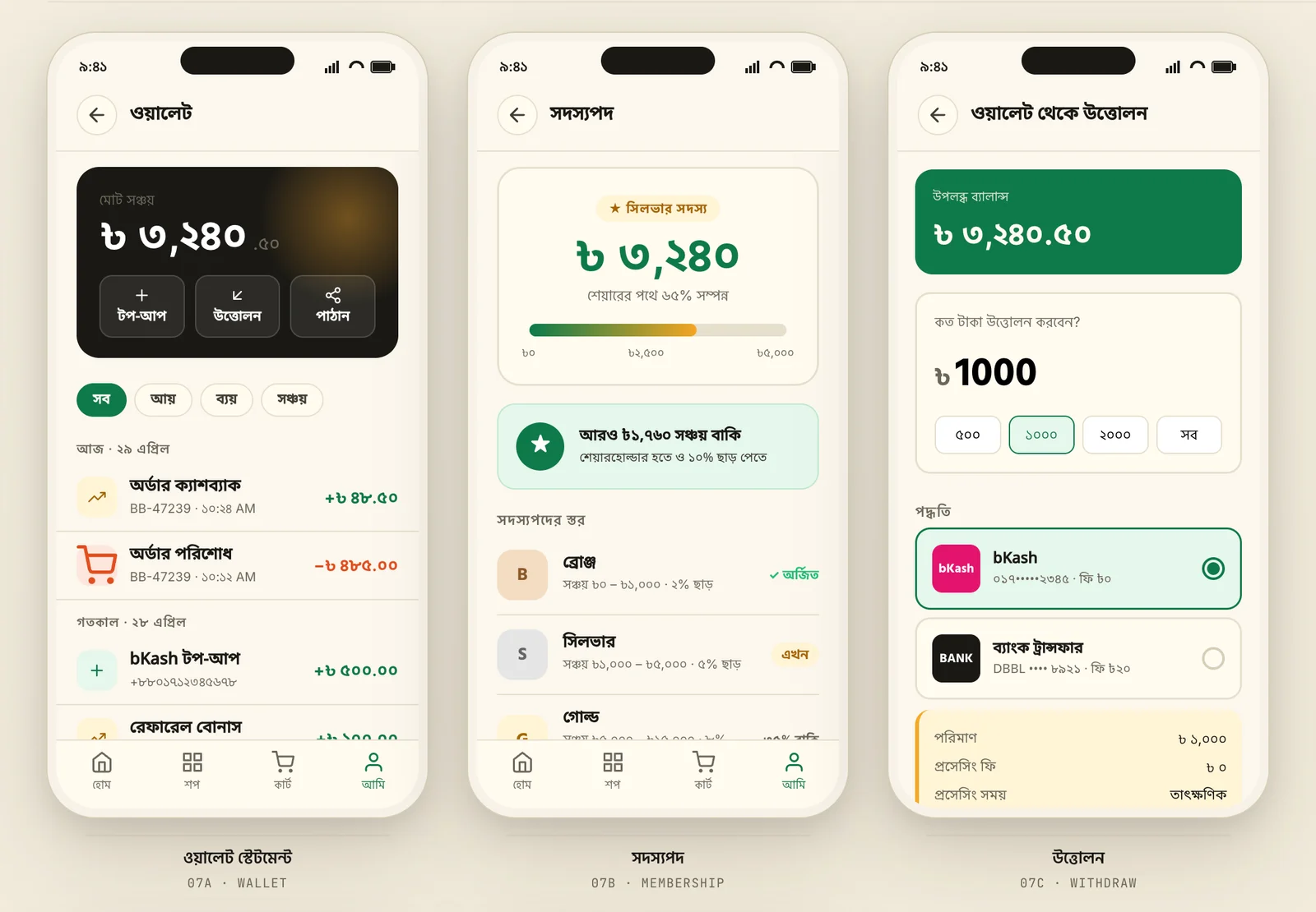 Wallet statement, membership tiers and withdrawal screens