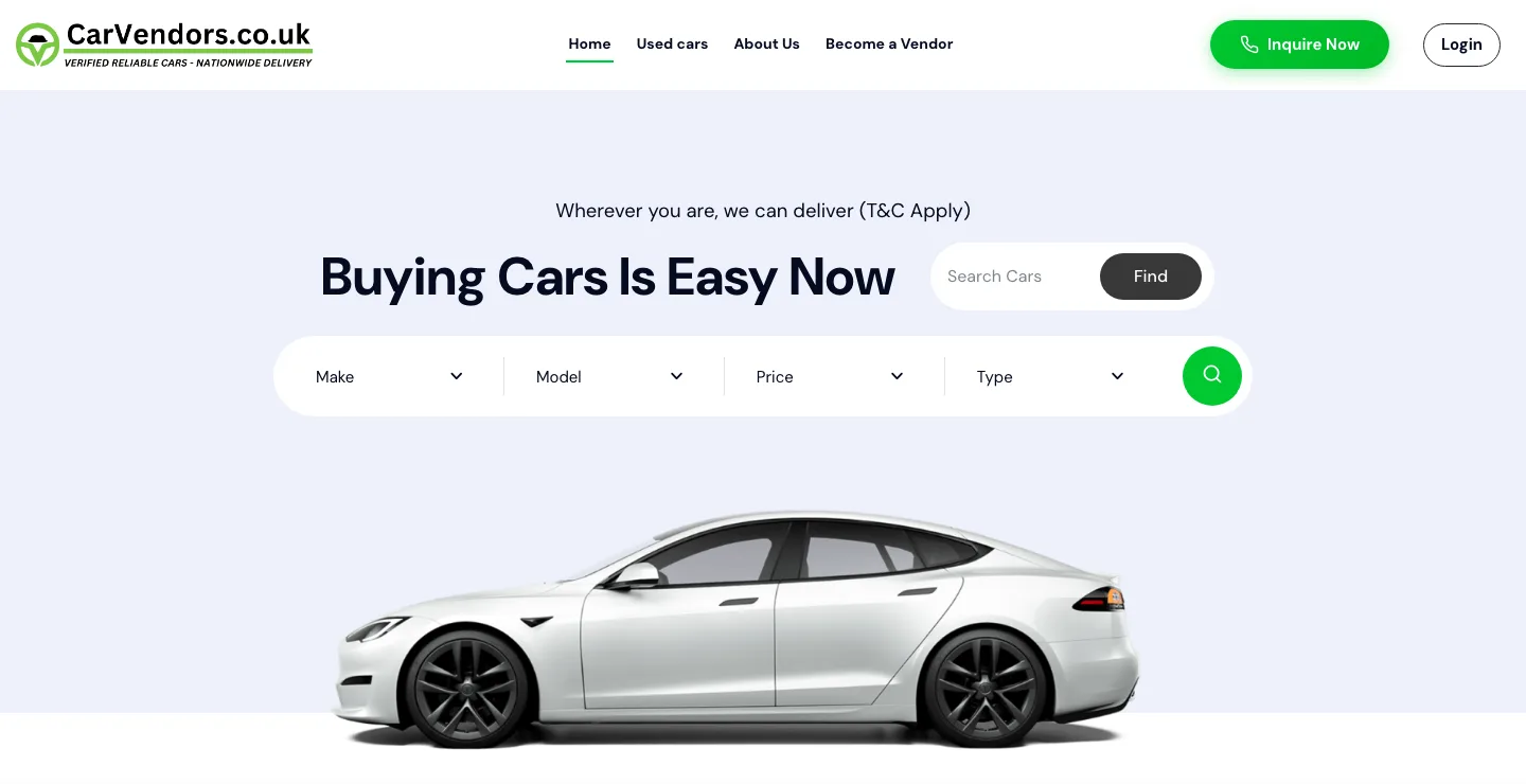 CarVendors homepage with make, model, price and body-type search