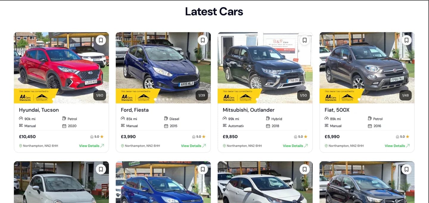 Grid of vehicle listing cards showing price, mileage, fuel, transmission, year and dealer rating