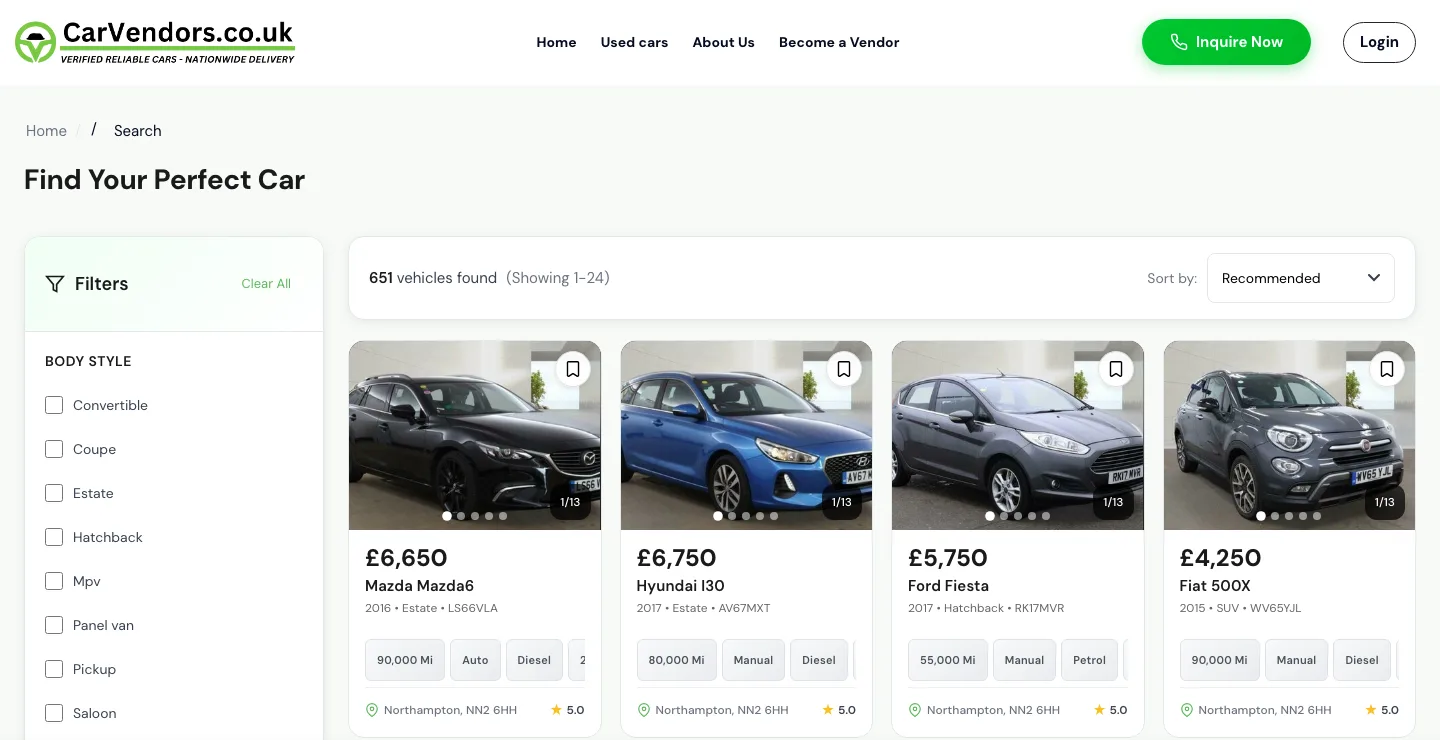 CarVendors search page showing the filter sidebar and 651 vehicles found